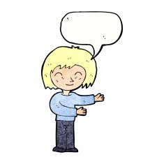 cartoon woman gestureing welcome with speech bubble N3