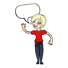 cartoon woman waving with speech bubble N368