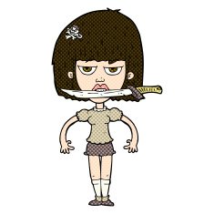 comic cartoon woman with knife between teeth N10