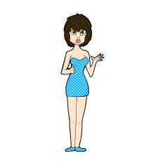 comic cartoon confused woman in cocktail dress N3