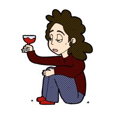 comic cartoon unhappy woman with glass of wine N3