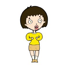 comic cartoon woman making Who Me? gesture N14