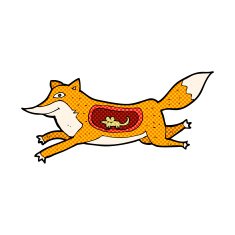 comic cartoon fox with mouse in belly
