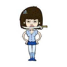 comic cartoon woman with knife between teeth N12