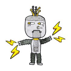 cartoon waving robot with thought bubble N22