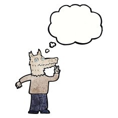 cartoon happy wolf man with thought bubble N20