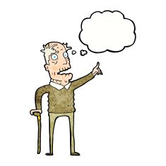 cartoon old man with walking stick thought bubble N9