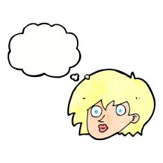 cartoon surprised female face with thought bubble N65