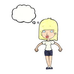 cartoon woman shrugging shoulders with thought bubble N491