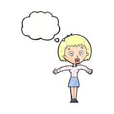 cartoon woman shrugging shoulders with thought bubble N493