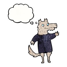 cartoon wolf businessman with thought bubble N7
