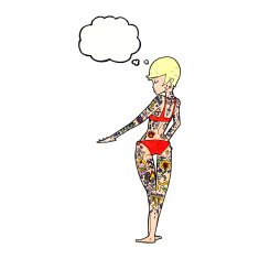 cartoon bikini girl covered in tattoos with thought bubble N11