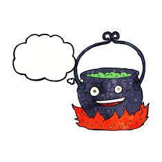 cartoon witch's cauldron with thought bubble N3