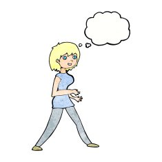 cartoon woman walking with thought bubble N10