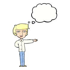 cartoon man gesturing welcome with thought bubble N11