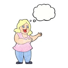 cartoon happy fat woman with thought bubble N7