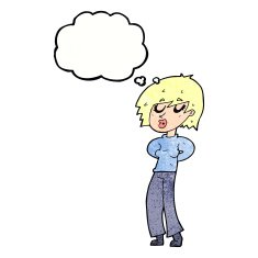 cartoon woman whistling with thought bubble N11