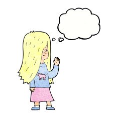 cartoon girl with pony shirt waving thought bubble N10