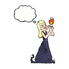 cartoon witch woman casting spell with thought bubble N11