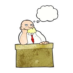 cartoon bored man at desk with thought bubble N11