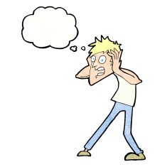 cartoon man panicking with thought bubble N54