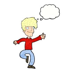 cartoon happy man dancing with thought bubble N39