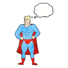 cartoon superhero with thought bubble N25