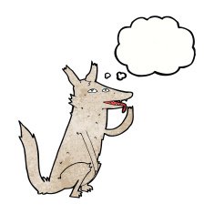 cartoon wolf licking paw with thought bubble N7