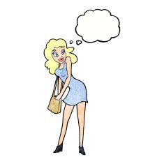 cartoon woman looking in handbag with thought bubble N11