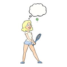 cartoon woman playing tennis with thought bubble N9