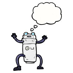 cartoon robot with thought bubble N180