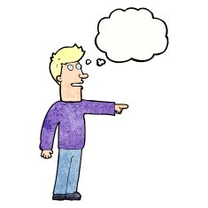 cartoon man pointing with thought bubble N197