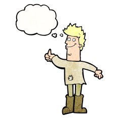 cartoon positive thinking man in rags with thought bubble N10