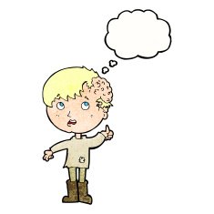cartoon boy with growth on head thought bubble N37