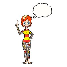cartoon woman covered in tattoos with thought bubble N10