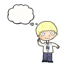 cartoon school boy with idea thought bubble N30