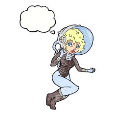cartoon space woman with thought bubble N30