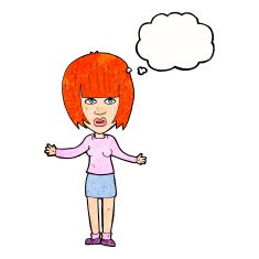 cartoon woman shrugging shoulders with thought bubble N494