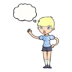 cartoon woman waving with thought bubble N339