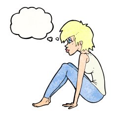 cartoon woman sitting with thought bubble N18