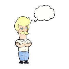 cartoon mustache muscle man with thought bubble N10