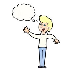 cartoon man waving with thought bubble N31