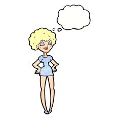 cartoon happy woman with hands on hips thought bubble N20
