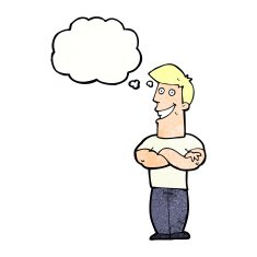 cartoon grinning man with thought bubble N89