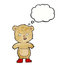 cartoon happy teddy bear in boots with thought bubble N7