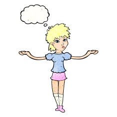 cartoon woman shrugging shoulders with thought bubble N495
