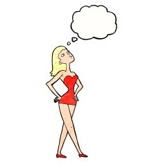 cartoon woman in party dress with thought bubble N10