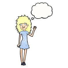 cartoon happy woman waving with thought bubble N10