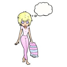 cartoon woman going to bed with thought bubble N9