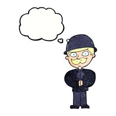 cartoon man in bowler hat with thought bubble N3